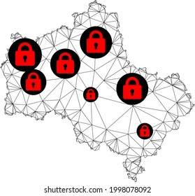 Polygonal mesh lockdown map of Moscow Region. Abstract mesh lines and locks form map of Moscow Region. Vector wire frame 2D polygonal line network in black color with red locks.