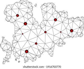 Polygonal mesh lockdown map of Mykonos Island. Abstract mesh lines and locks form map of Mykonos Island. Vector wire frame 2D polygonal line network in black color with red locks.