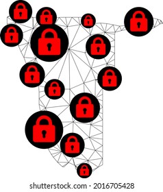 Polygonal mesh lockdown map of Namibia. Abstract mesh lines and locks form map of Namibia. Vector wire frame 2D polygonal line network in black color with red locks. Frame model for lockdown posters.