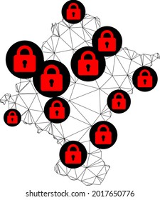 Polygonal mesh lockdown map of Navarra Province. Abstract mesh lines and locks form map of Navarra Province. Vector wire frame 2D polygonal line network in black color with red locks.