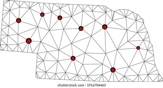 Polygonal mesh lockdown map of Nebraska State. Abstract mesh lines and locks form map of Nebraska State. Vector wire frame 2D polygonal line network in black color with red locks.