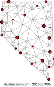 Polygonal mesh lockdown map of Nevada State. Abstract mesh lines and locks form map of Nevada State. Vector wire frame 2D polygonal line network in black color with red locks.