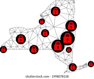 Polygonal mesh lockdown map of New York State. Abstract mesh lines and locks form map of New York State. Vector wire frame 2D polygonal line network in black color with red locks.