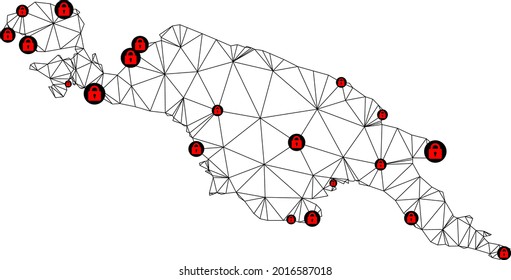 Polygonal mesh lockdown map of New Guinea Island. Abstract mesh lines and locks form map of New Guinea Island. Vector wire frame 2D polygonal line network in black color with red locks.