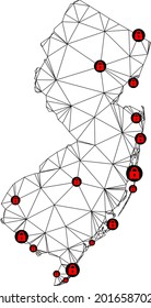 Mapa poligonal de bloqueo de malla del estado de Nueva Jersey. Resumen de líneas de malla y cerraduras de un mapa del estado de Nueva Jersey. Red de línea poligonal 2D del marco de alambre de vectores en color negro con cerraduras rojas.
