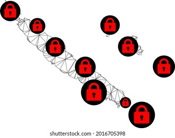 Polygonal mesh lockdown map of New Caledonia. Abstract mesh lines and locks form map of New Caledonia. Vector wire frame 2D polygonal line network in black color with red locks.