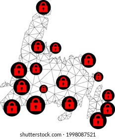 Mapa poligonal de bloqueo de malla de la isla de Terranova. Resumen de líneas de malla y cerraduras de un mapa de la isla de Terranova. Red de línea poligonal 2D del marco de alambre de vectores en color negro con cerraduras rojas.