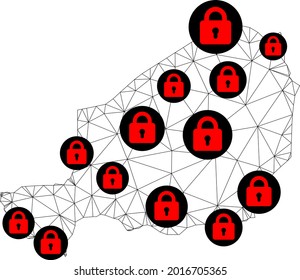 Polygonal mesh lockdown map of Niger. Abstract mesh lines and locks form map of Niger. Vector wire frame 2D polygonal line network in black color with red locks. Frame model for outbreak posters.