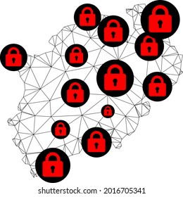 Polygonal mesh lockdown map of North Rhine-Westphalia State. Abstract mesh lines and locks form map of North Rhine-Westphalia State.