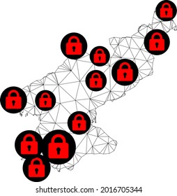 Polygonal mesh lockdown map of North Korea. Abstract mesh lines and locks form map of North Korea. Vector wire frame 2D polygonal line network in black color with red locks.