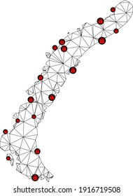Polygonal mesh lockdown map of Novaya Zemlya Islands. Abstract mesh lines and locks form map of Novaya Zemlya Islands. Vector wire frame 2D polygonal line network in black color with red locks.