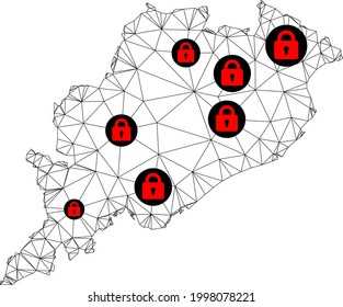 Polygonal mesh lockdown map of Odisha State. Abstract mesh lines and locks form map of Odisha State. Vector wire frame 2D polygonal line network in black color with red locks.