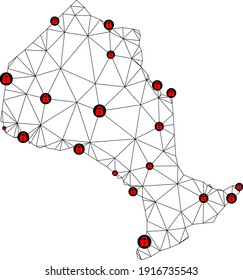 Polygonal mesh lockdown map of Ontario Province. Abstract mesh lines and locks form map of Ontario Province. Vector wire frame 2D polygonal line network in black color with red locks.