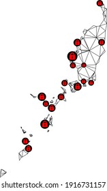 Mapa poligonal de bloqueo de malla de las Islas Palau. Resumen de líneas de malla y cerraduras en el mapa de las Islas Palau. Red de línea poligonal 2D del marco de alambre de vectores en color negro con cerraduras rojas.