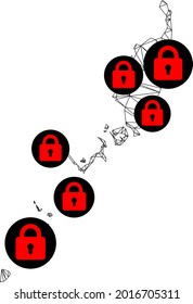 Polygonal mesh lockdown map of Palau Islands. Abstract mesh lines and locks form map of Palau Islands. Vector wire frame 2D polygonal line network in black color with red locks.