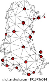Polygonal mesh lockdown map of Palencia Province. Abstract mesh lines and locks form map of Palencia Province. Vector wire frame 2D polygonal line network in black color with red locks.