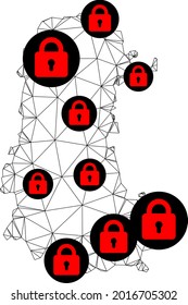 Polygonal mesh lockdown map of Palencia Province. Abstract mesh lines and locks form map of Palencia Province. Vector wire frame 2D polygonal line network in black color with red locks.