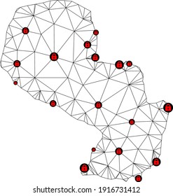 Polygonal Mesh Sperrkarte von Paraguay. Abstrakte Maschenlinien und Schlösser bilden die Karte von Paraguay. Vektor-Draht Rahmen 2D polygonale Linie Netzwerk in schwarzer Farbe mit roten Schlössern.