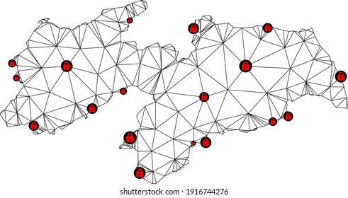 Polygonal mesh lockdown map of Paraiba State. Abstract mesh lines and locks form map of Paraiba State. Vector wire frame 2D polygonal line network in black color with red locks.