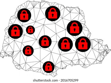 Mapa poligonal de bloqueo de malla del estado de Paraná. Resumen de líneas de malla y cerraduras de mapa del estado de Paraná. Red de línea poligonal 2D del marco de alambre de vectores en color negro con cerraduras rojas.