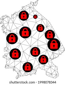 Polygonal mesh lockdown map of Pavlodar Region. Abstract mesh lines and locks form map of Pavlodar Region. Vector wire frame 2D polygonal line network in black color with red locks.