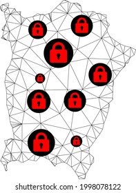 Mapa poligonal de bloqueo de malla de la isla Penang. Resumen de líneas de malla y cerraduras de un mapa de la isla Penang. Red de línea poligonal 2D del marco de alambre de vectores en color negro con cerraduras rojas.