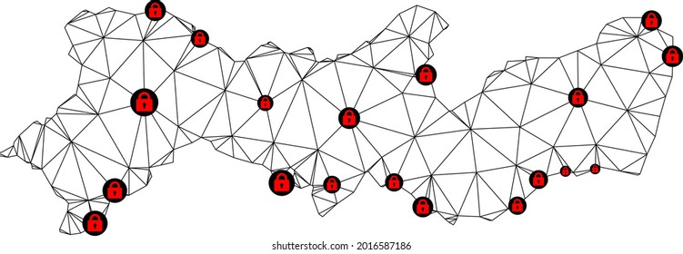 Polygonal mesh lockdown map of Pernambuco State. Abstract mesh lines and locks form map of Pernambuco State. Vector wire frame 2D polygonal line network in black color with red locks.