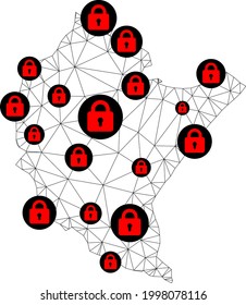 Polygonal mesh lockdown map of Podkarpackie Province. Abstract mesh lines and locks form map of Podkarpackie Province. Vector wire frame 2D polygonal line network in black color with red locks.