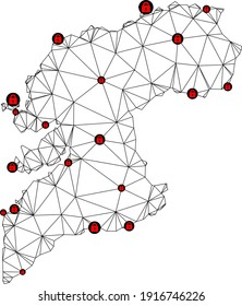 Polygonal mesh lockdown map of Pontevedra Province. Abstract mesh lines and locks form map of Pontevedra Province. Vector wire frame 2D polygonal line network in black color with red locks.