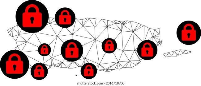 Polygonal mesh lockdown map of Puerto Rico. Abstract mesh lines and locks form map of Puerto Rico. Vector wire frame 2D polygonal line network in black color with red locks.