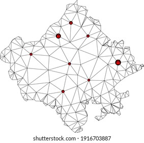 Polygonal mesh lockdown map of Rajasthan State. Abstract mesh lines and locks form map of Rajasthan State. Vector wire frame 2D polygonal line network in black color with red locks.
