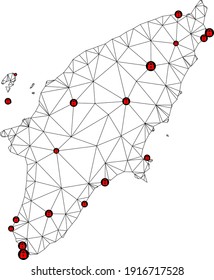 Polygonal mesh lockdown map of Rhodes Island. Abstract mesh lines and locks form map of Rhodes Island. Vector wire frame 2D polygonal line network in black color with red locks.