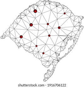 Mapa poligonal de bloqueo de malla del estado de Rio Grande do Sul. Resumen de líneas de malla y cerraduras de mapa del estado de Río Grande del Sur. Red de línea poligonal 2D del marco de alambre de vectores en color negro con cerraduras rojas.