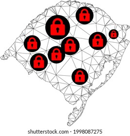 Mapa poligonal de bloqueo de malla del estado de Rio Grande do Sul. Resumen de líneas de malla y cerraduras de mapa del estado de Río Grande del Sur. Red de línea poligonal 2D del marco de alambre de vectores en color negro con cerraduras rojas.