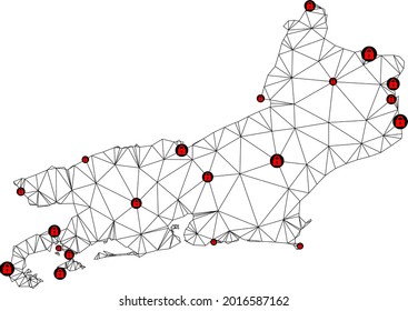 Polygonal mesh lockdown map of Rio de Janeiro State. Abstract mesh lines and locks form map of Rio de Janeiro State. Vector wire frame 2D polygonal line network in black color with red locks.