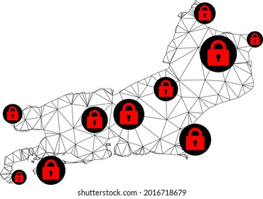 Polygonal mesh lockdown map of Rio de Janeiro State. Abstract mesh lines and locks form map of Rio de Janeiro State. Vector wire frame 2D polygonal line network in black color with red locks.