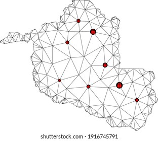 Mapa poligonal de bloqueo de malla del estado de Rondonia. Resumen de líneas de malla y cerraduras de mapa del estado de Rondonia. Red de línea poligonal 2D del marco de alambre de vectores en color negro con cerraduras rojas.