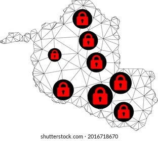 Polygonal mesh lockdown map of Rondonia State. Abstract mesh lines and locks form map of Rondonia State. Vector wire frame 2D polygonal line network in black color with red locks.