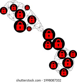 Polygonal mesh lockdown map of Saint Kitts and Nevis. Abstract mesh lines and locks form map of Saint Kitts and Nevis. Vector wire frame 2D polygonal line network in black color with red locks.