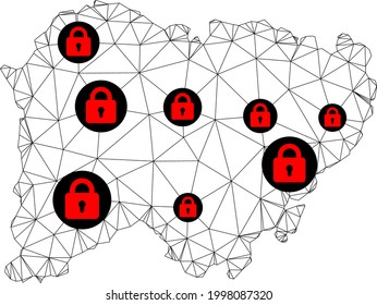 Polygonal mesh lockdown map of Salamanca Province. Abstract mesh lines and locks form map of Salamanca Province. Vector wire frame 2D polygonal line network in black color with red locks.
