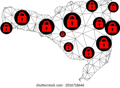 Polygonal mesh lockdown map of Santa Catarina State. Abstract mesh lines and locks form map of Santa Catarina State. Vector wire frame 2D polygonal line network in black color with red locks.