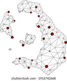 Polygonal mesh lockdown map of Santorini Island. Abstract mesh lines and locks form map of Santorini Island. Vector wire frame 2D polygonal line network in black color with red locks.