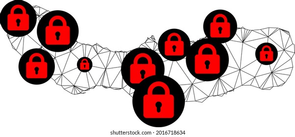 Polygonal mesh lockdown map of Sao Miguel Island. Abstract mesh lines and locks form map of Sao Miguel Island. Vector wire frame 2D polygonal line network in black color with red locks.