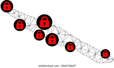 Polygonal mesh lockdown map of Sao Jorge Island. Abstract mesh lines and locks form map of Sao Jorge Island. Vector wire frame 2D polygonal line network in black color with red locks.