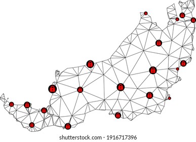 Polygonal mesh lockdown map of Sarawak. Abstract mesh lines and locks form map of Sarawak. Vector wire frame 2D polygonal line network in black color with red locks. Frame model for medical templates.