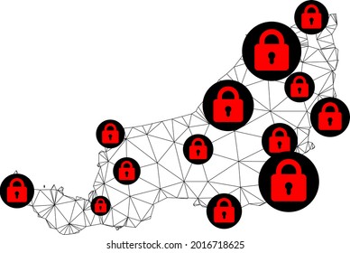 Polygonal mesh lockdown map of Sarawak. Abstract mesh lines and locks form map of Sarawak. Vector wire frame 2D polygonal line network in black color with red locks.