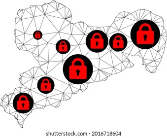 Polygonal mesh lockdown map of Saxony State. Abstract mesh lines and locks form map of Saxony State. Vector wire frame 2D polygonal line network in black color with red locks.