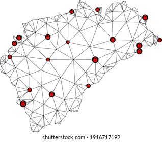 Polygonal mesh lockdown map of Segovia Province. Abstract mesh lines and locks form map of Segovia Province. Vector wire frame 2D polygonal line network in black color with red locks.