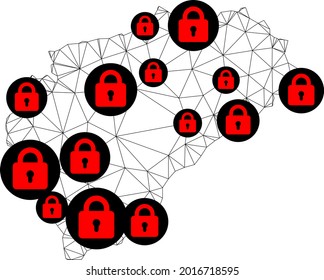 Polygonal mesh lockdown map of Segovia Province. Abstract mesh lines and locks form map of Segovia Province. Vector wire frame 2D polygonal line network in black color with red locks.