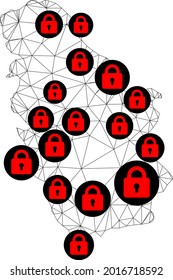 Polygonal Mesh Sperrkarte von Serbien. Abstrakte Maschenlinien und Schlösser bilden eine Karte von Serbien. Vektor-Draht Rahmen 2D polygonale Linie Netzwerk in schwarzer Farbe mit roten Schlössern. Rahmenmodell für Poster für Krankheitsausbrüche.